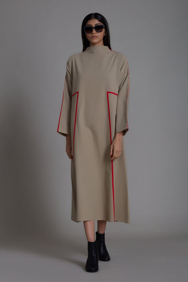 Beige & Red Piping Dress - Dress - Mizyana