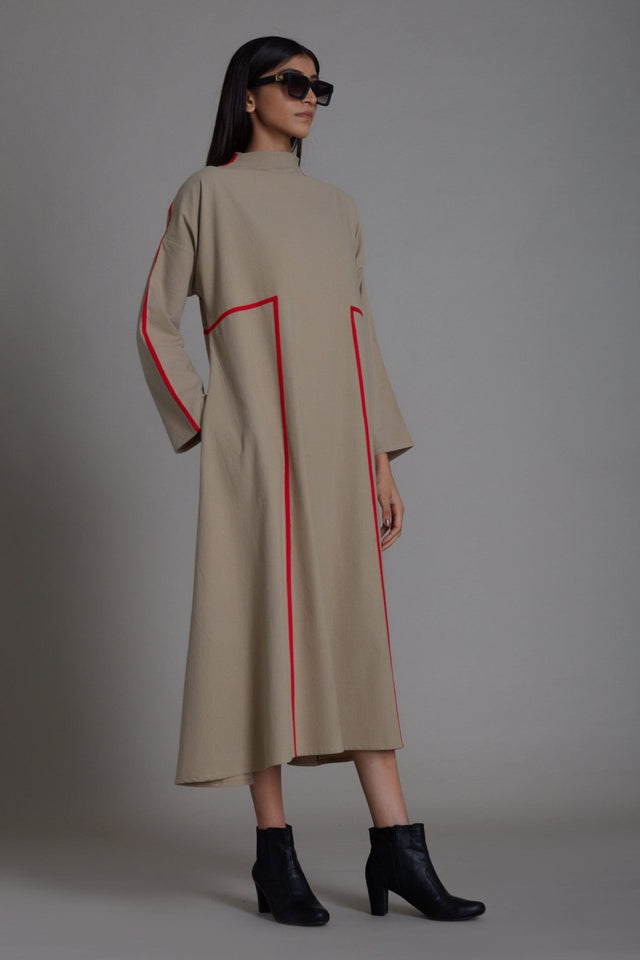 Beige & Red Piping Dress - Dress - Mizyana