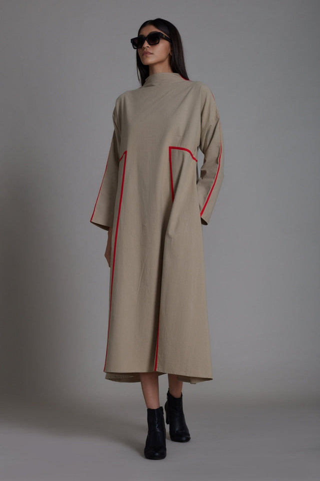 Beige & Red Piping Dress - Dress - Mizyana