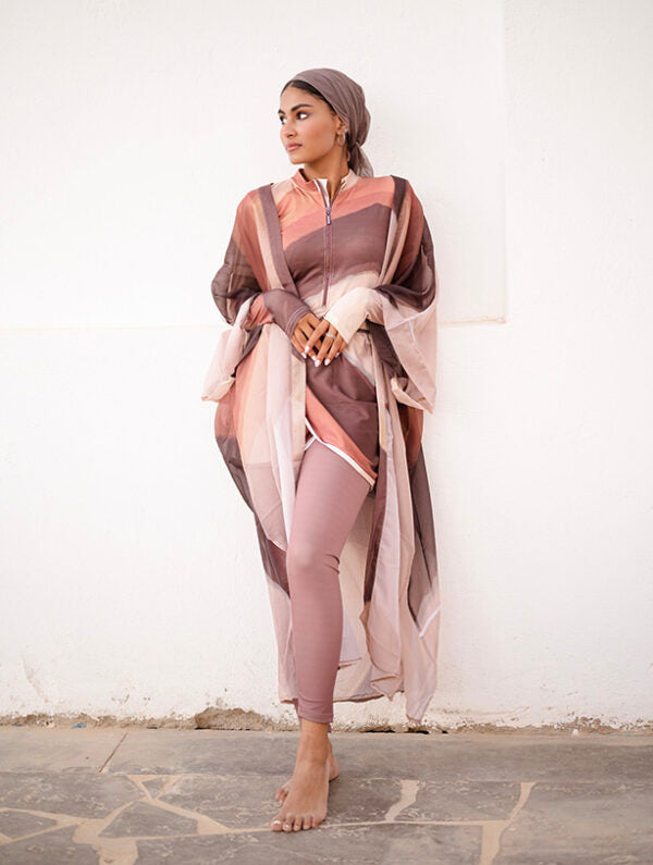 Sandy Waves Rose and Brown Color Block Chiffon Swimwear Kimono
