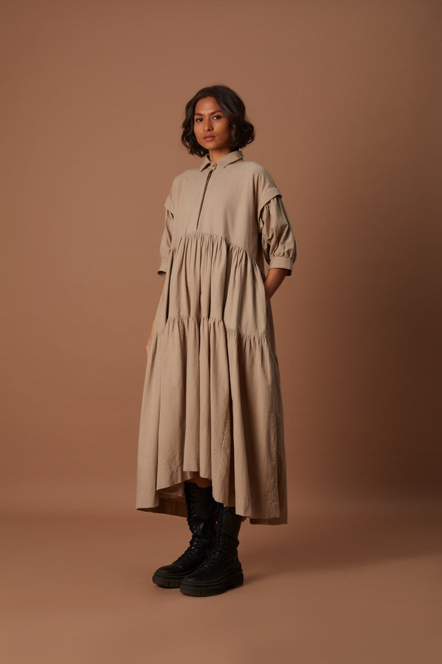 Beige Tiered Shirt Dress - Dress - Mizyana