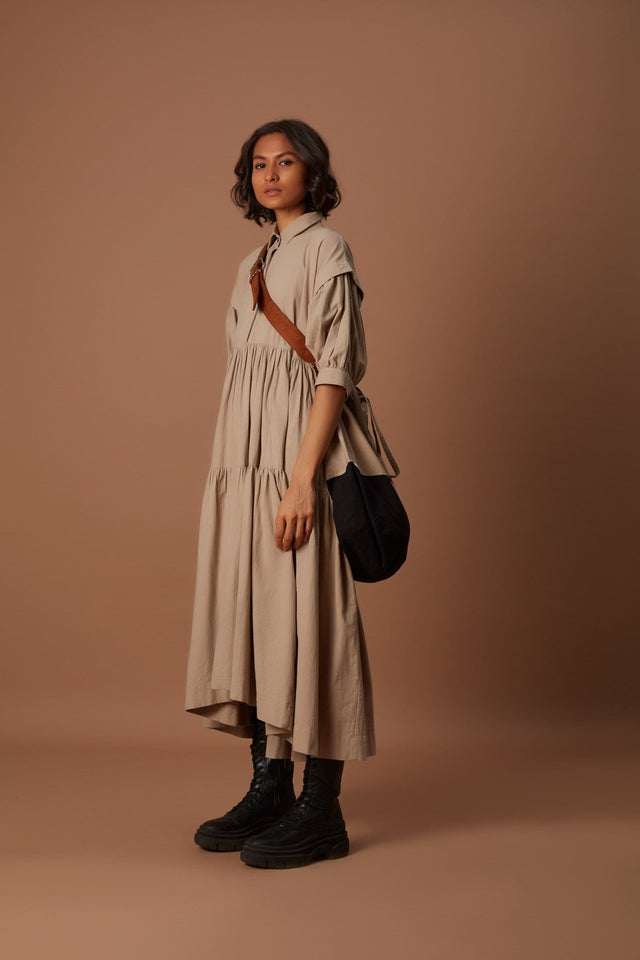 Beige Tiered Shirt Dress - Dress - Mizyana