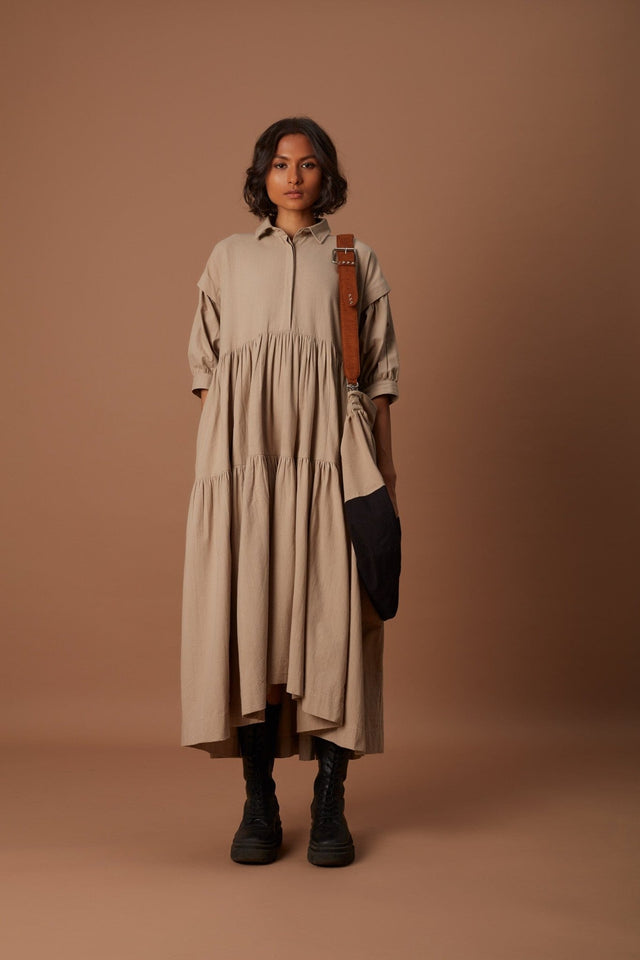 Beige Tiered Shirt Dress - Dress - Mizyana