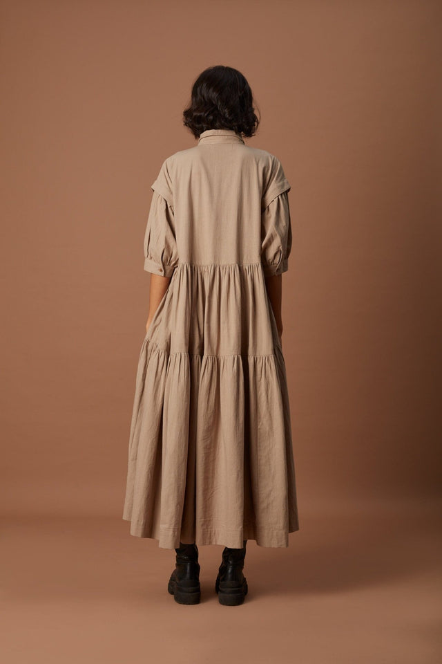 Beige Tiered Shirt Dress - Dress - Mizyana