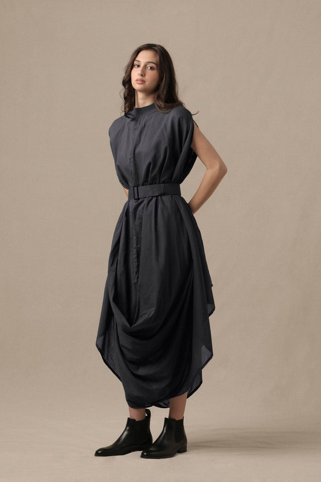 Belted Ash Gray Cowl Dress - Dress - Mizyana
