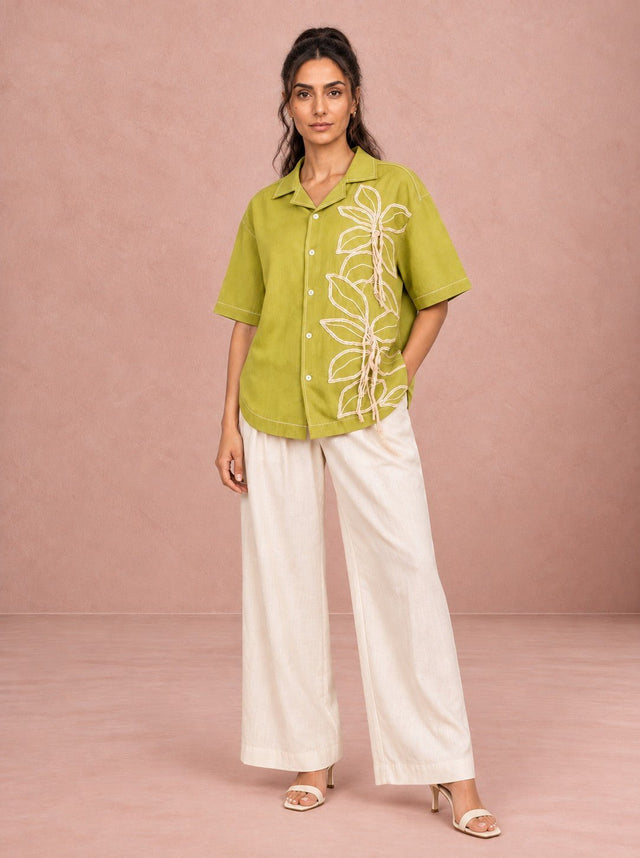 Binda Olive Embroidered Shirt and Grain Cotton Trousers Two-Piece Set - Two-Piece Set - Mizyana