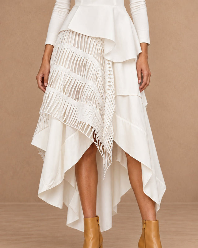 Biya Ivory Laser Cut Layered Hi-Low Skirt - Skirt - Mizyana
