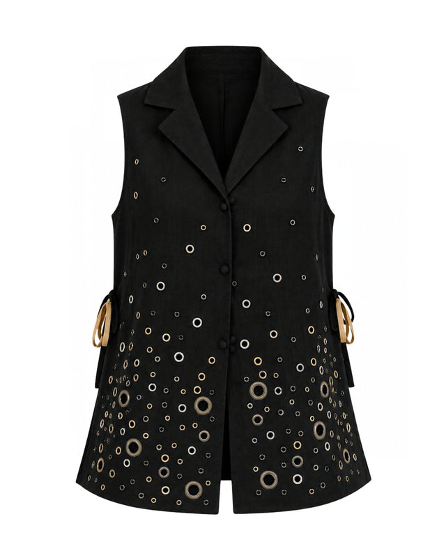 Black Denim Eyelet Vest with Side Ties - Vest - Mizyana