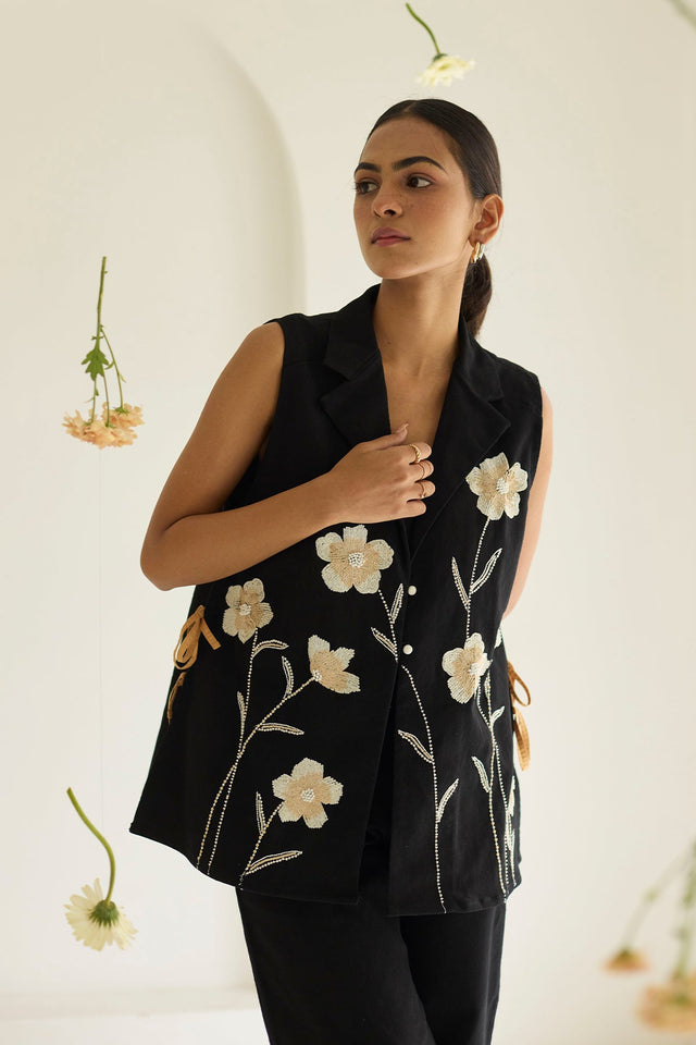 Black Denim Floral Jacket - Jacket - Mizyana