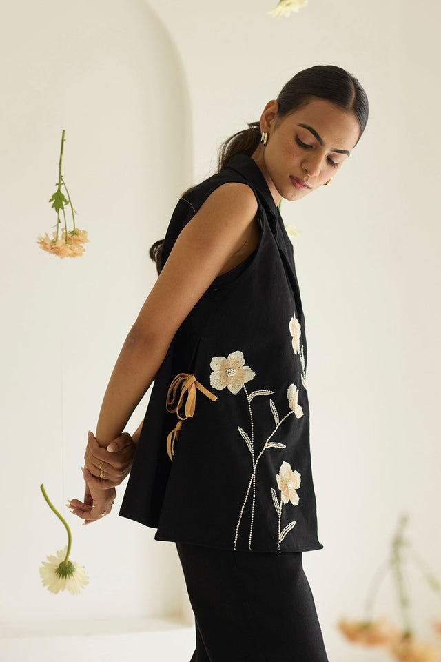 Black Denim Floral Jacket - Jacket - Mizyana