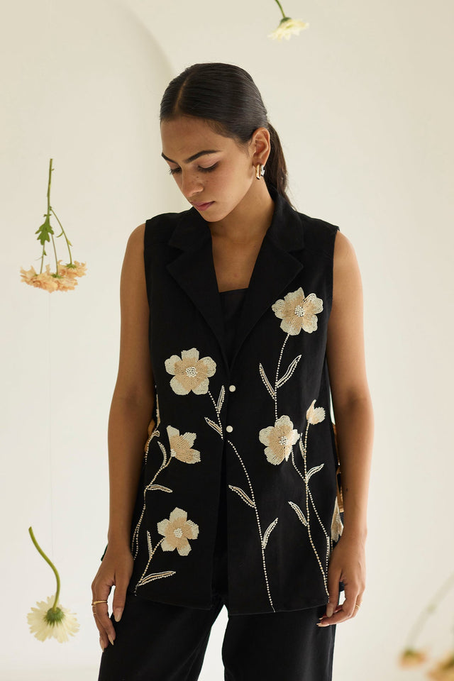 Black Denim Floral Jacket - Jacket - Mizyana