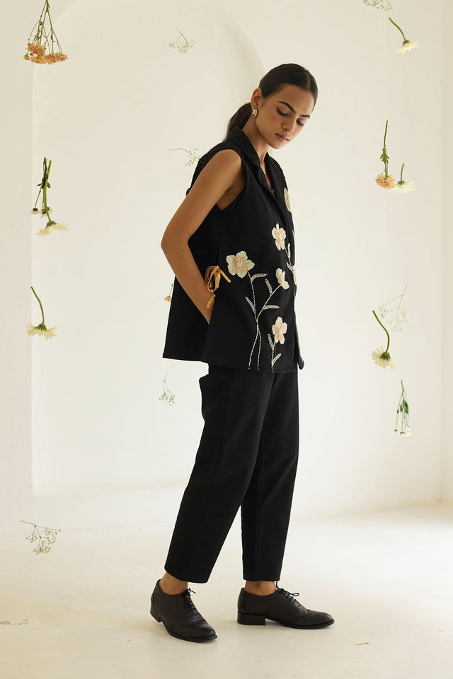 Black Denim Floral Jacket - Jacket - Mizyana