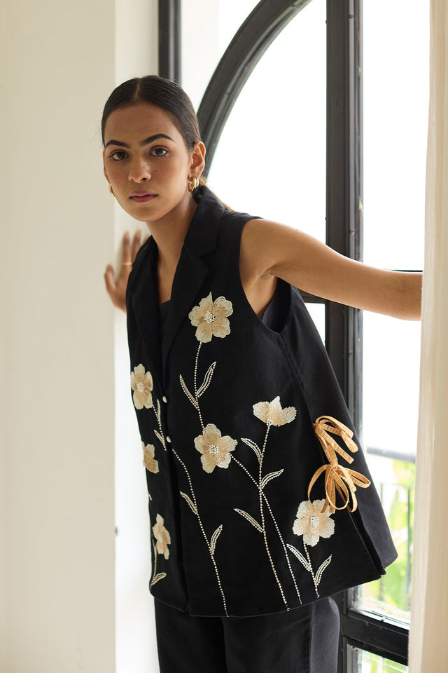 Black Denim Floral Jacket - Jacket - Mizyana