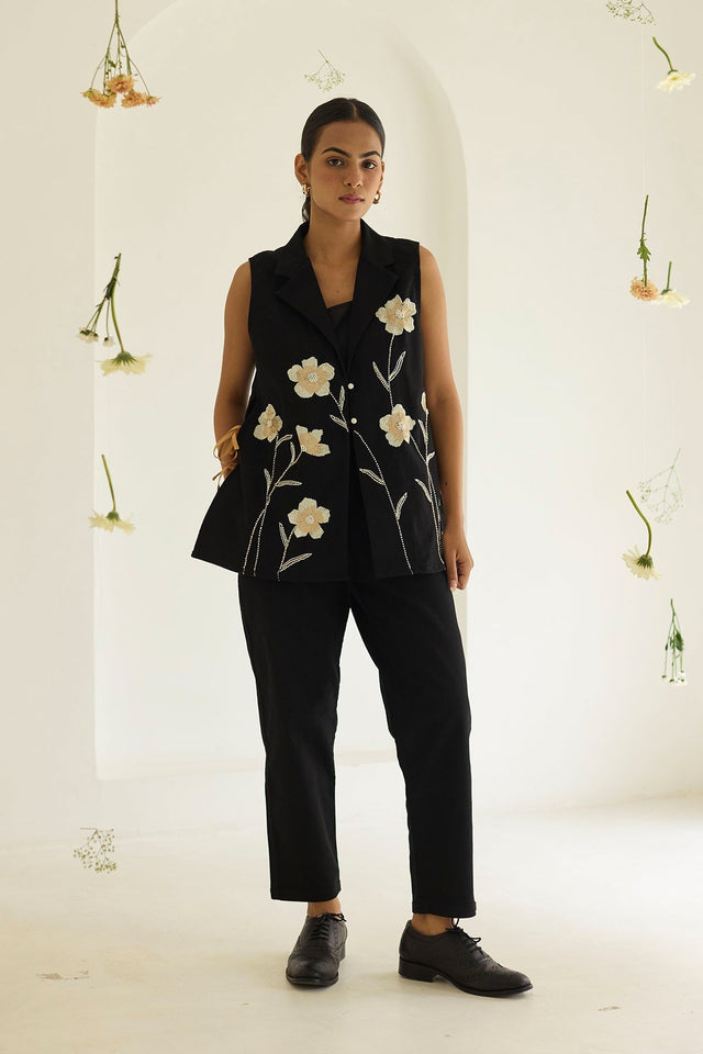Black Denim Floral Jacket - Jacket - Mizyana