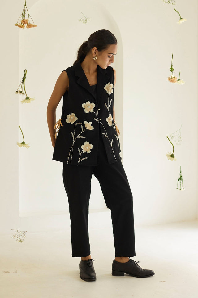 Black Denim Floral Jacket - Jacket - Mizyana