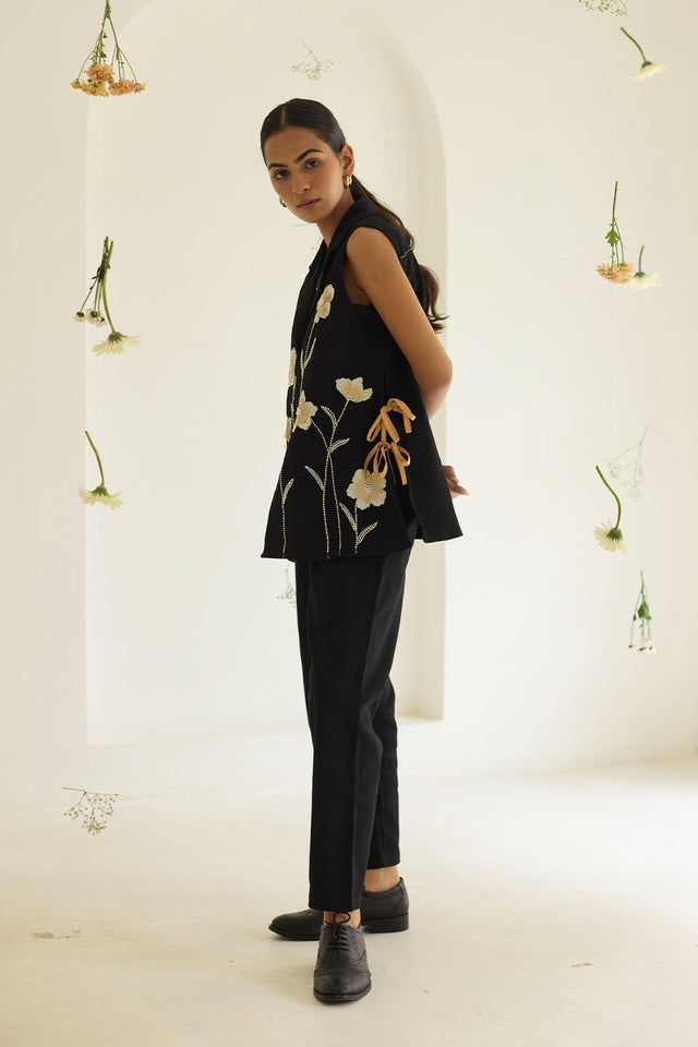 Black Denim Floral Jacket - Jacket - Mizyana