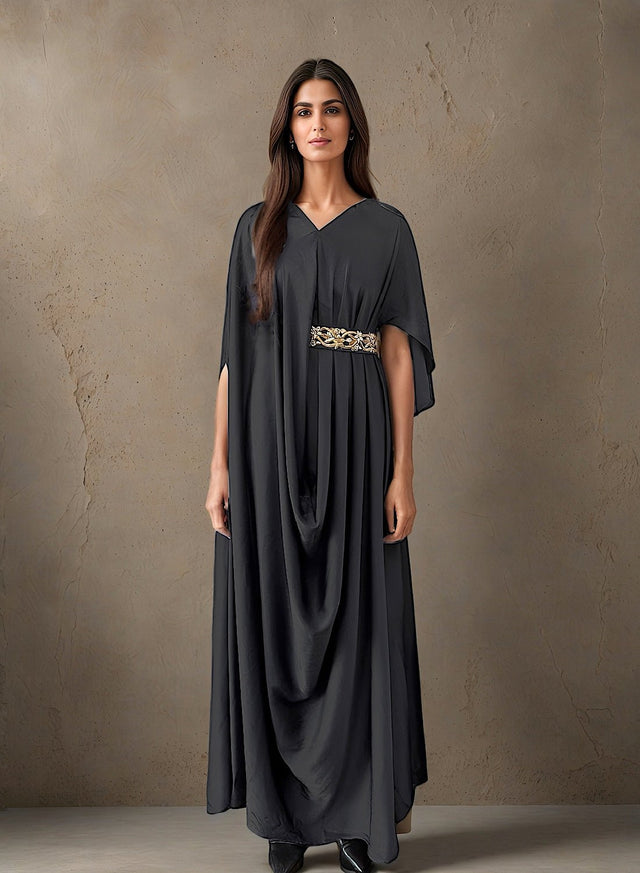 (Black) Drape Silk kaftan - Kaftan - Mizyana