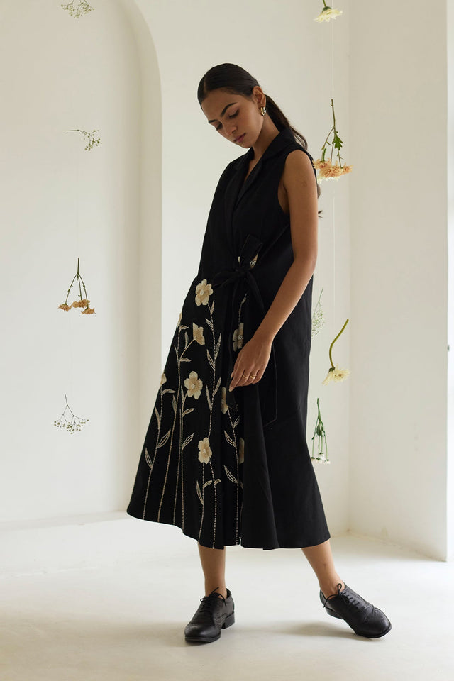 Black Floral Wrap Denim Dress - Dress - Mizyana
