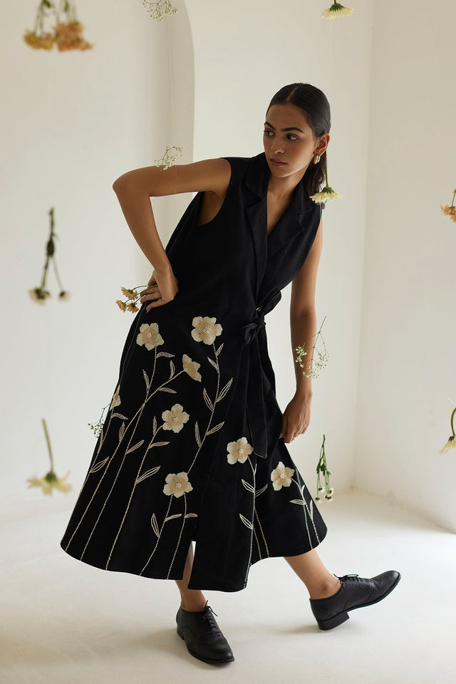 Black Floral Wrap Denim Dress - Dress - Mizyana