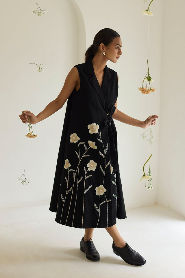 Black Floral Wrap Denim Dress - Dress - Mizyana