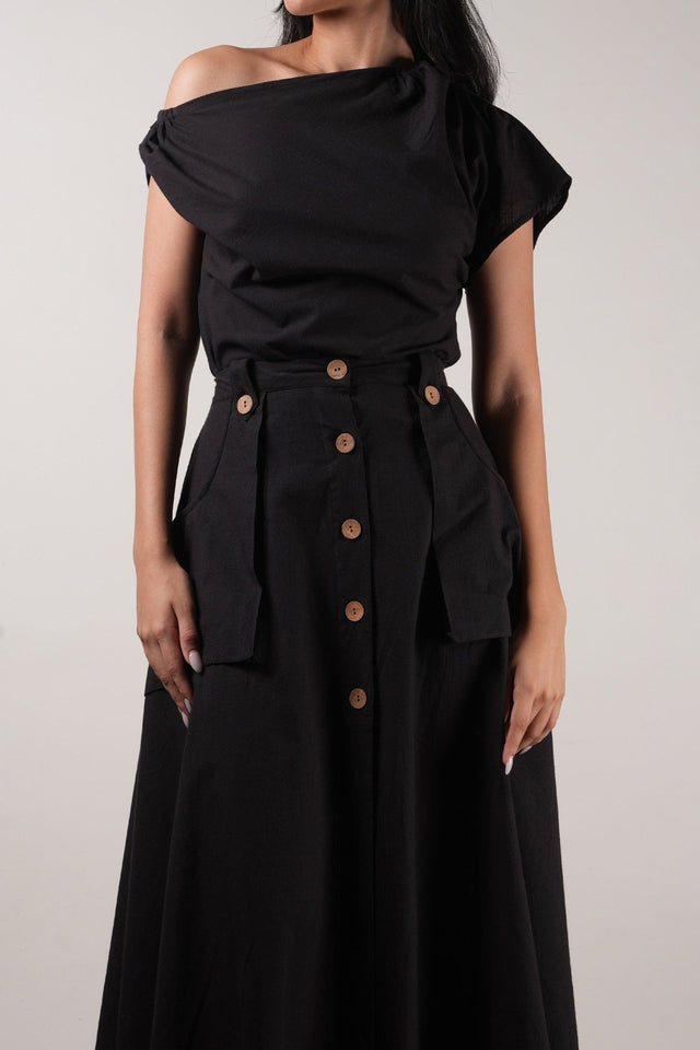 Black One-Shoulder Set (2 PCS) - Two-Piece Set - Mizyana
