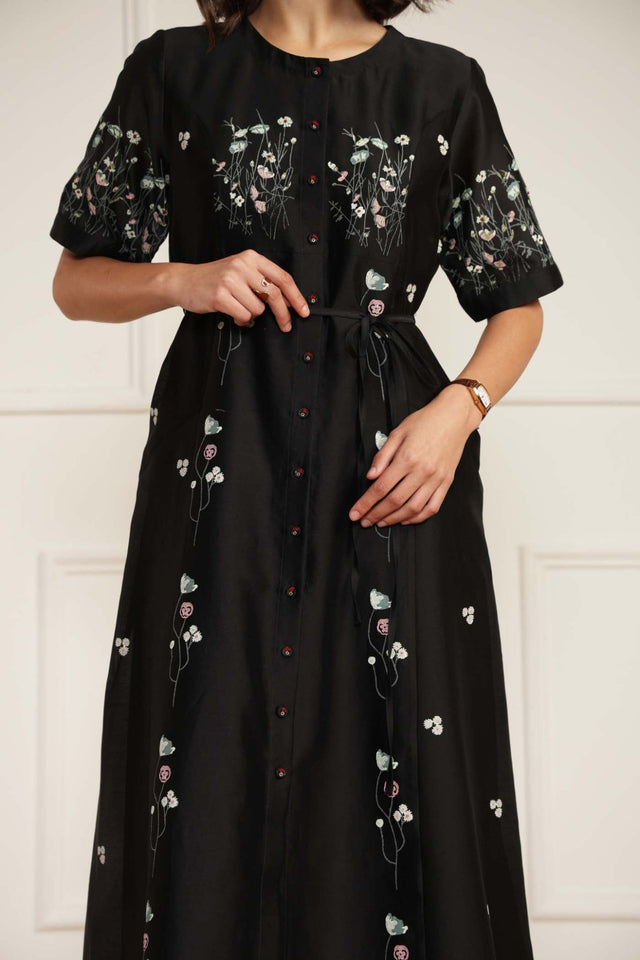 Black Printed A-Line Dress in Silk Chanderi With Hand Embroidery Details - Dress - Mizyana