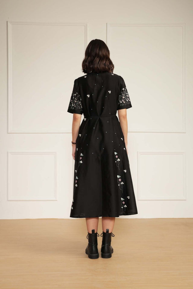 Black Printed A-Line Dress in Silk Chanderi With Hand Embroidery Details - Dress - Mizyana