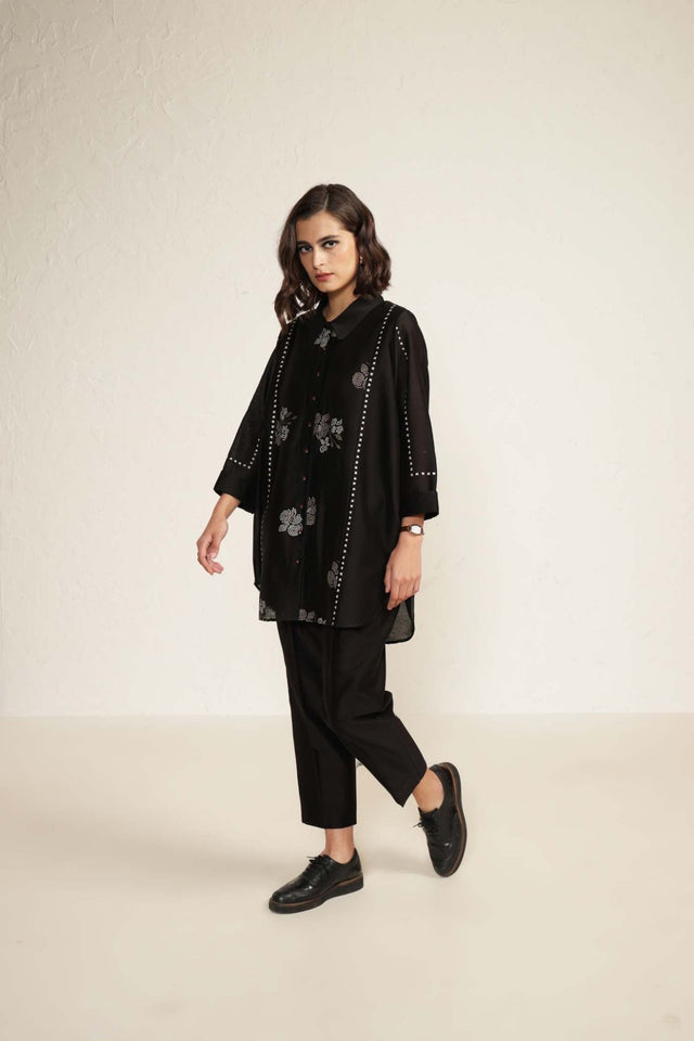 Black Silk Chanderi Shirt with Embroidery and Silk Chanderi Straight Pants - Two-Piece Set - Mizyana