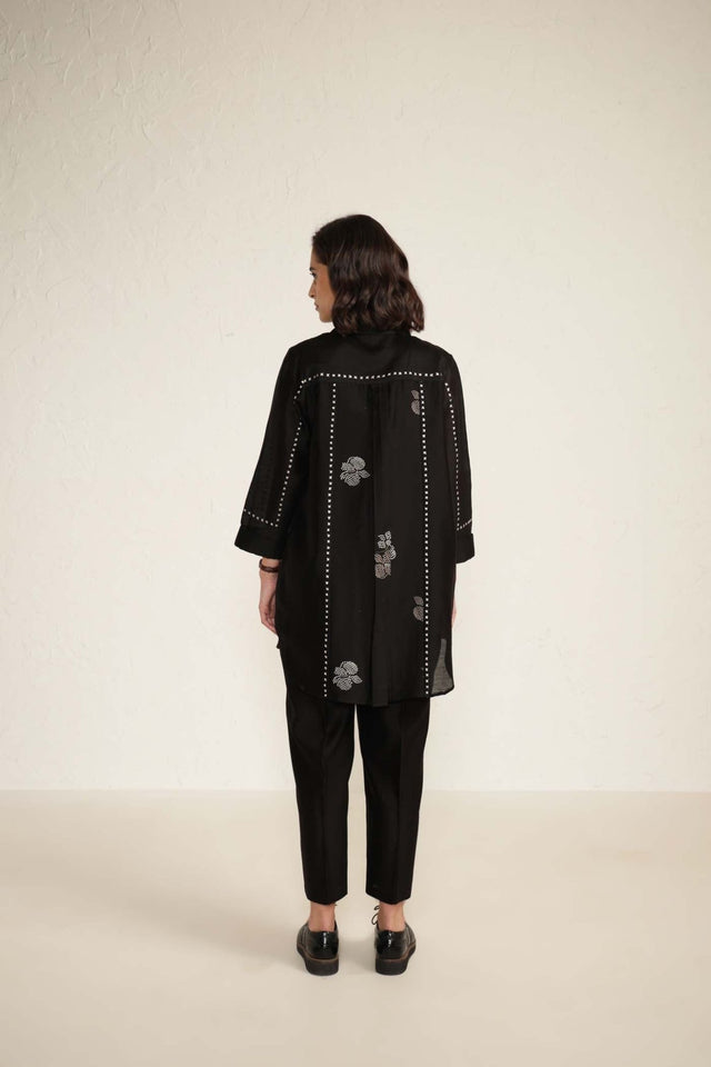 Black Silk Chanderi Shirt with Embroidery and Silk Chanderi Straight Pants - Two-Piece Set - Mizyana