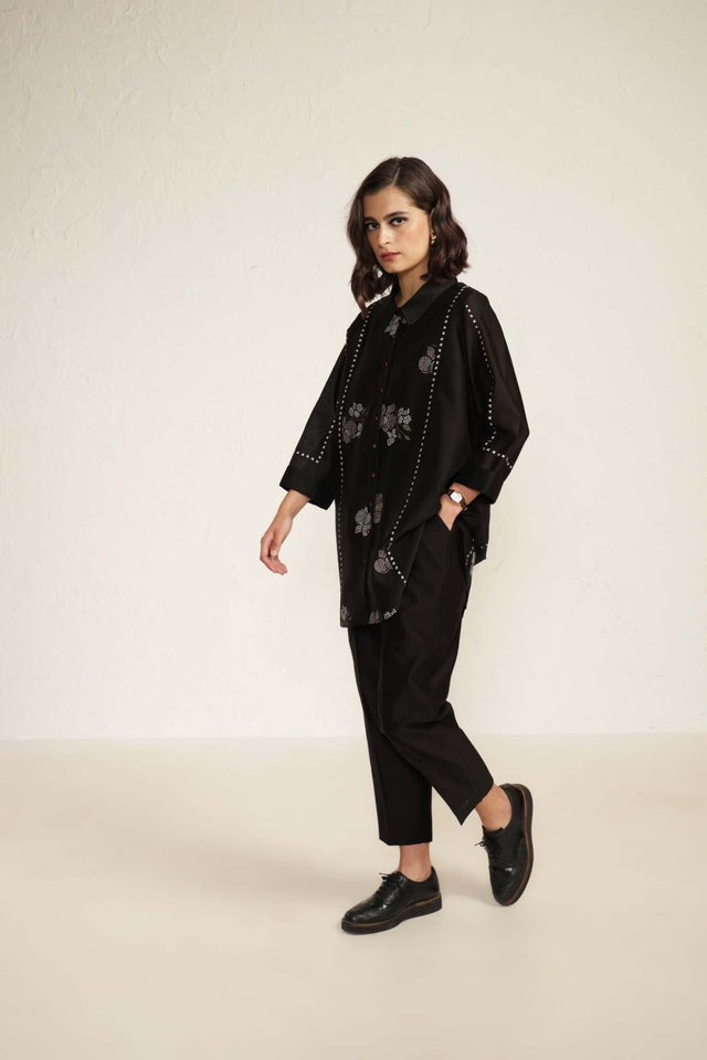 Black Silk Chanderi Shirt with Embroidery and Silk Chanderi Straight Pants - Two-Piece Set - Mizyana