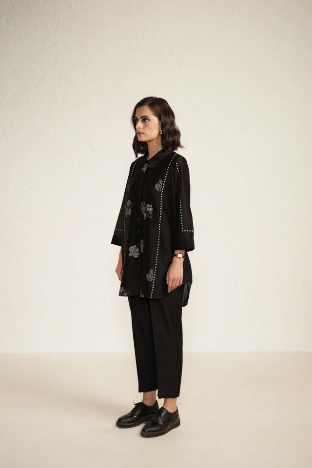 Black Silk Chanderi Shirt with Embroidery and Silk Chanderi Straight Pants - Two-Piece Set - Mizyana