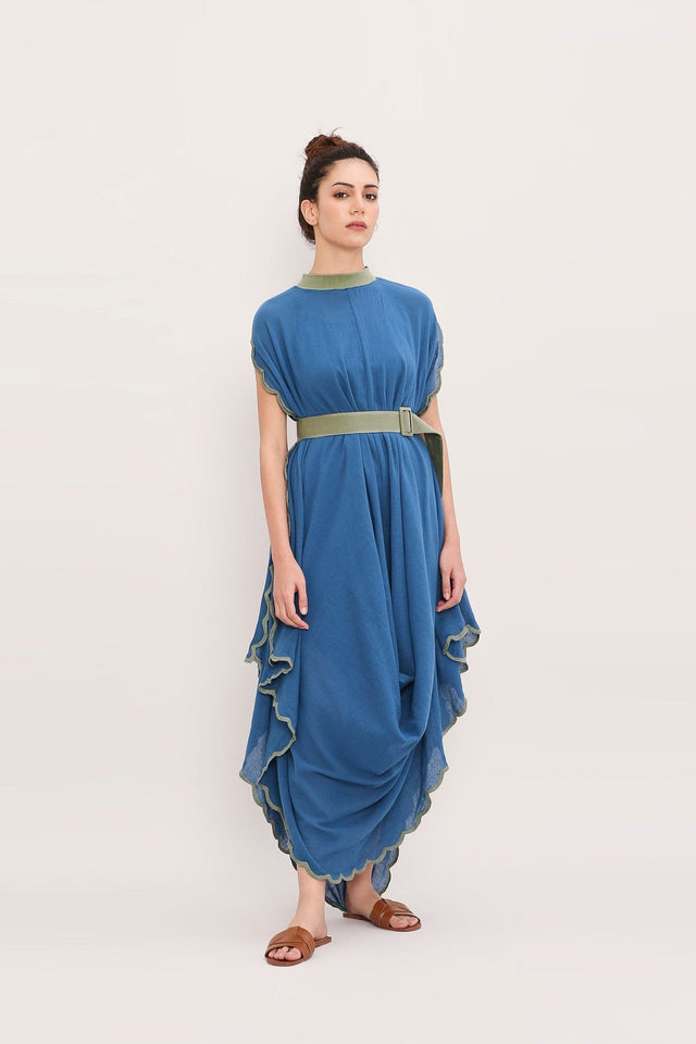 Blue Ribbed Scallop Cowl Dress - Dress - Mizyana