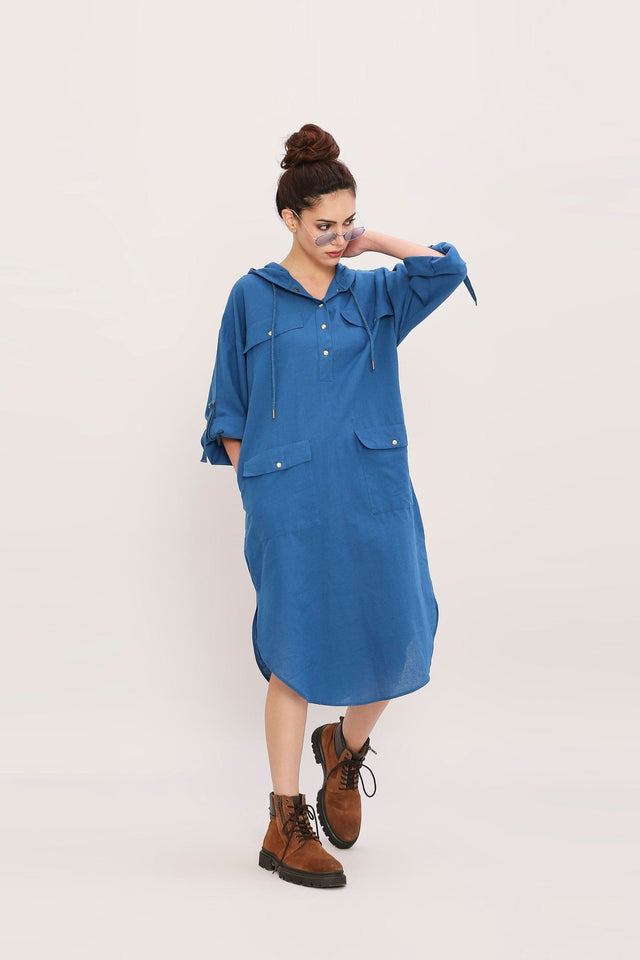 Blue Safari Pocket Hooded Dress - Dress - Mizyana