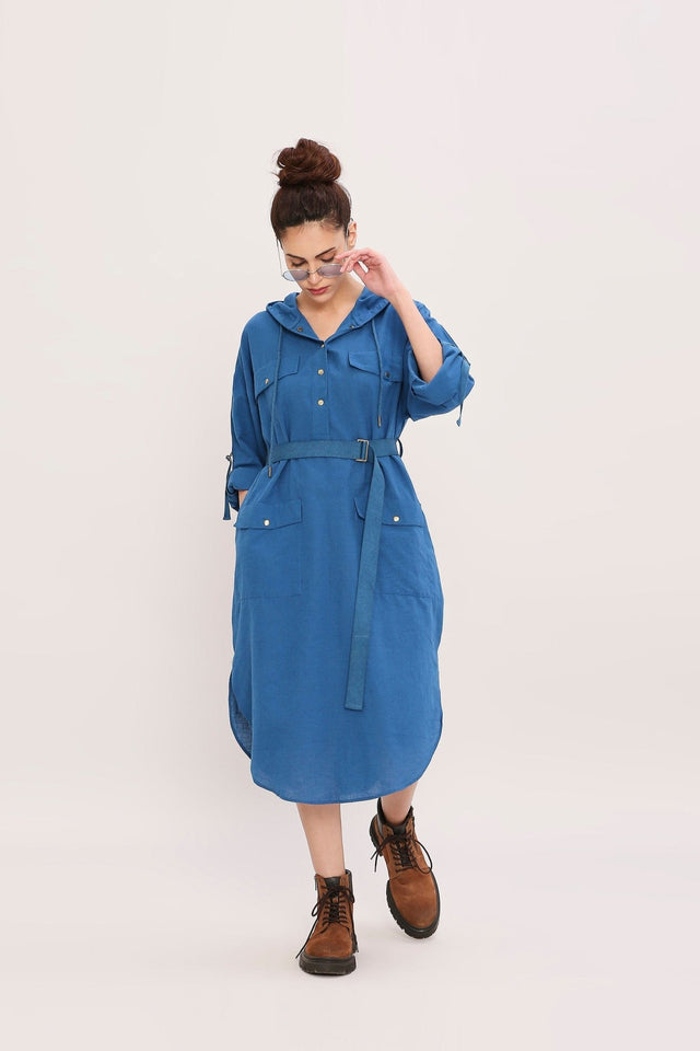 Blue Safari Pocket Hooded Dress - Dress - Mizyana