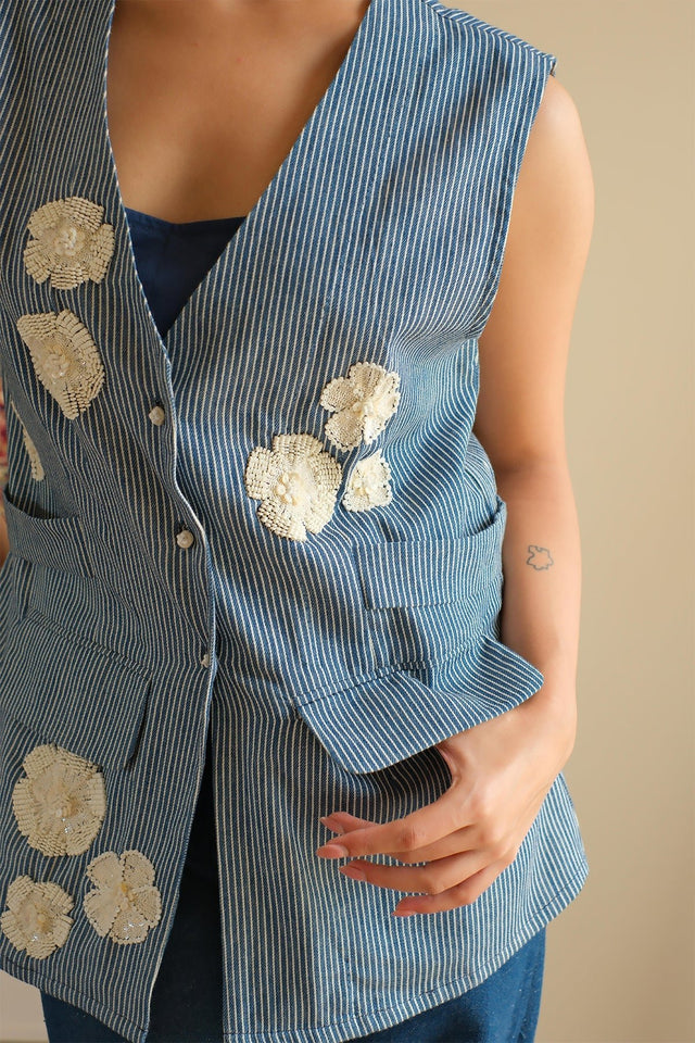 Blue Striped Denim Jacket - Jacket - Mizyana