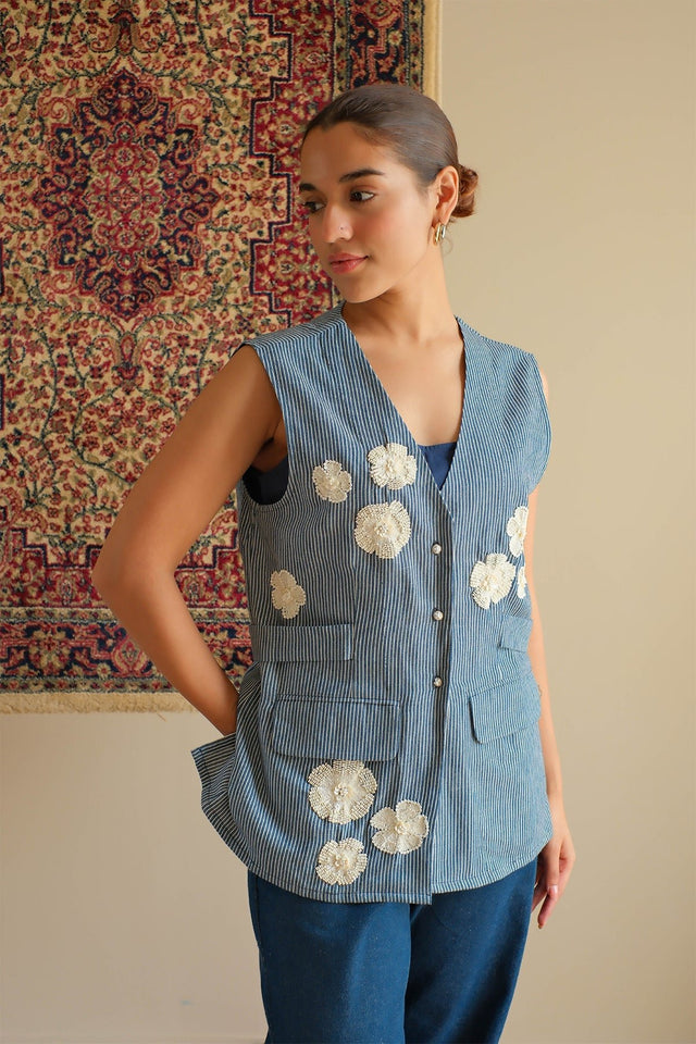 Blue Striped Denim Jacket - Jacket - Mizyana