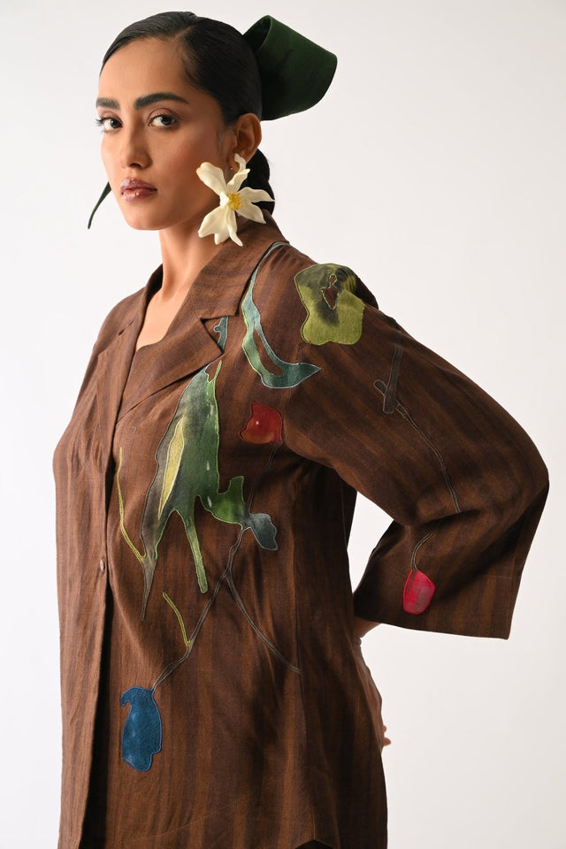 Brown Psyflora Appliqué Shirt - Shirt - Mizyana