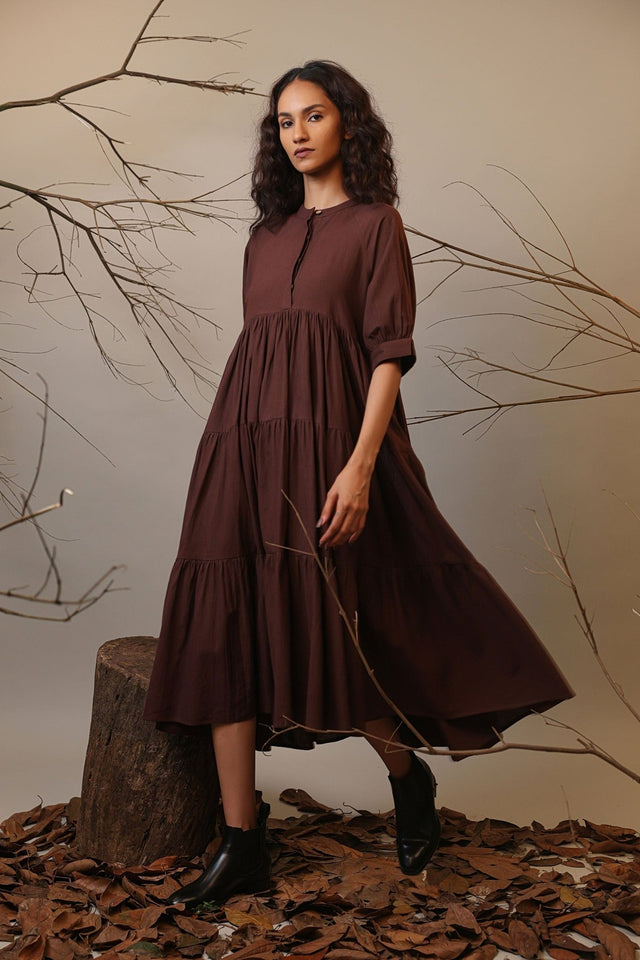 Brown Raglan Tiered Dress - Dress - Mizyana