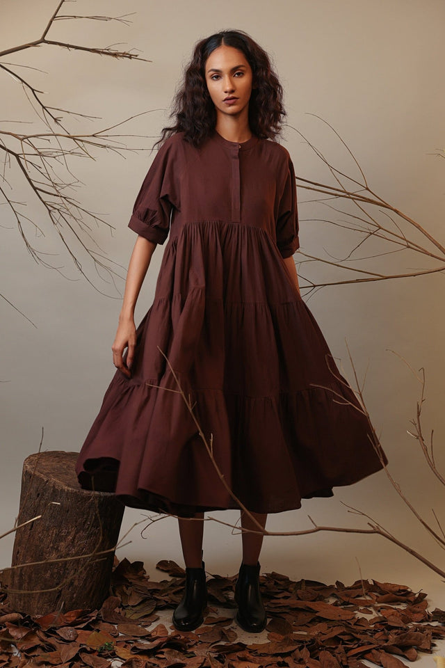 Brown Raglan Tiered Dress - Dress - Mizyana