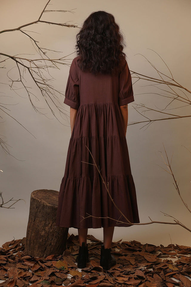 Brown Raglan Tiered Dress - Dress - Mizyana