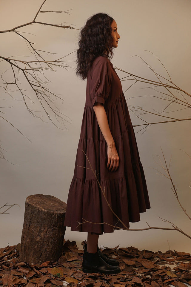 Brown Raglan Tiered Dress - Dress - Mizyana