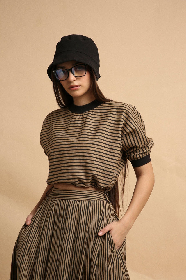 Brown Thin Striped New Sphara Crop Top - Shirt - Mizyana