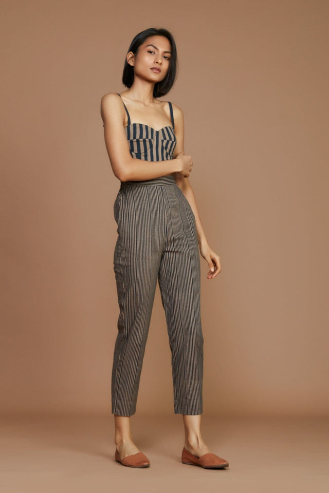 Brown with Charcoal Striped Corset & Pant Co-Ord Set (2 PCS) - Co-ord Set - Mizyana