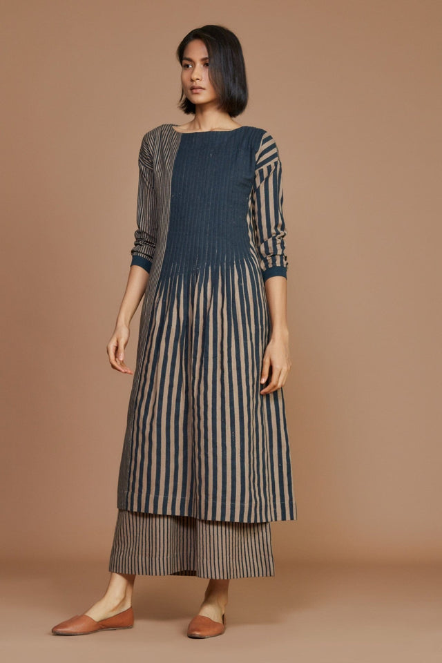 Brown With Charcoal Striped Pleated Co-Ord Set - Co-ord Set - Mizyana