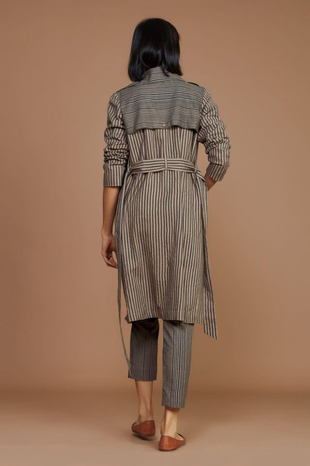 Brown with Charcoal Striped Trench & Corset Co-Ord Set (3 PCS) - Co-ord Set - Mizyana