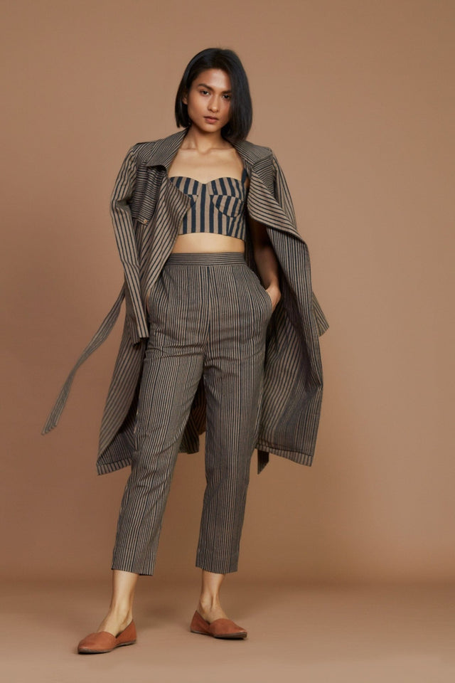Brown with Charcoal Striped Trench Jacket - Jacket - Mizyana