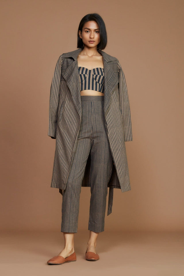Brown with Charcoal Striped Trench Jacket - Jacket - Mizyana
