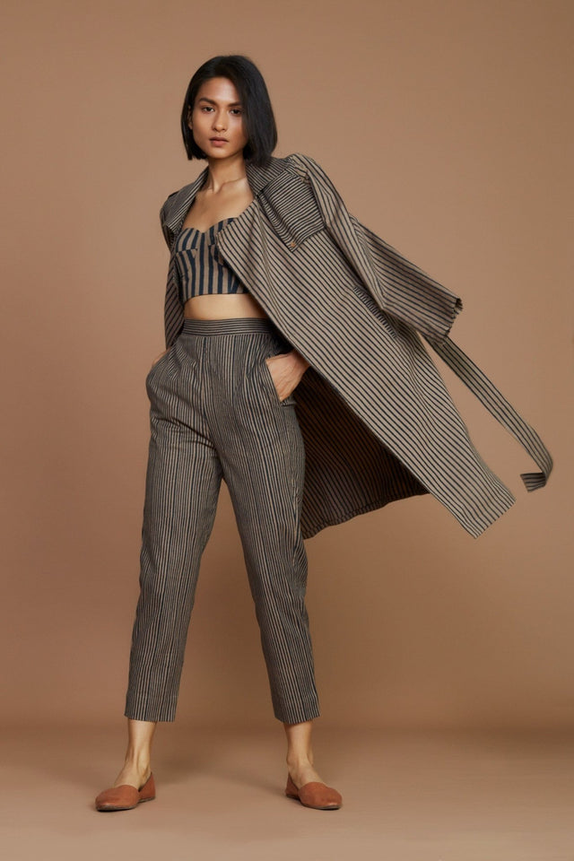 Brown with Charcoal Striped Trench Jacket - Jacket - Mizyana