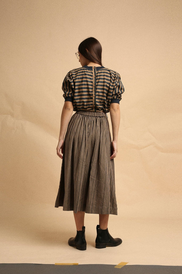 Brown with Narrow Charcoal Striped Box Pleated Skirt - Skirt - Mizyana