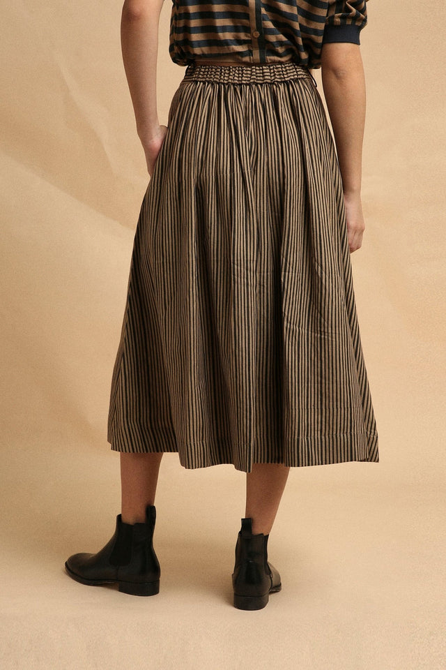 Brown with Narrow Charcoal Striped Box Pleated Skirt - Skirt - Mizyana